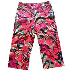 Chico's Red hibiscus all over Floral print Pants flat front career office